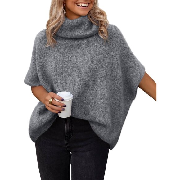 Sweaters - Elegant Grey Turtleneck Sweater - Oversized Fit with Batwing Sleeves for Women
